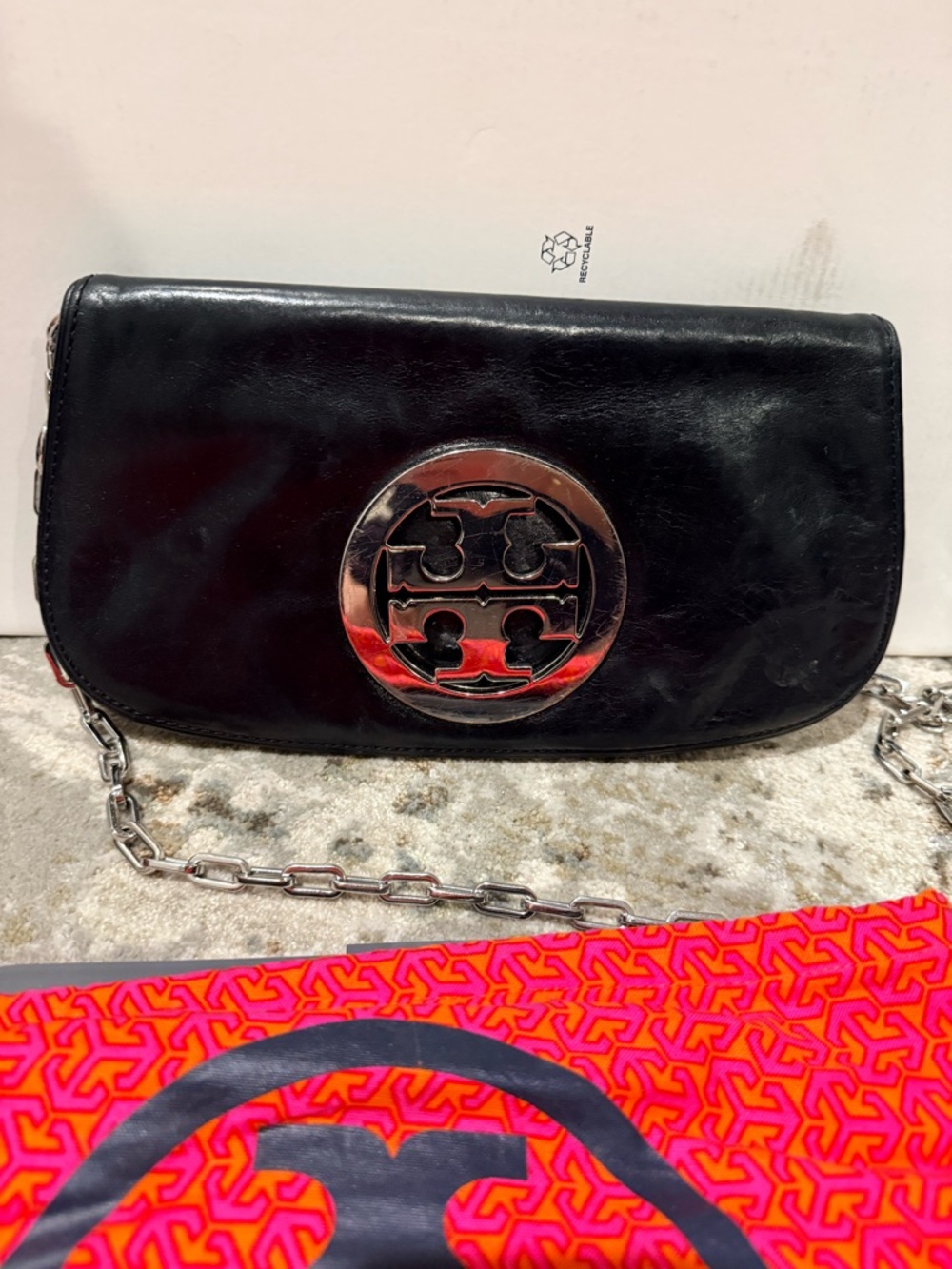 Tory Burch Black Leather Chain Clutch with Silver Logo